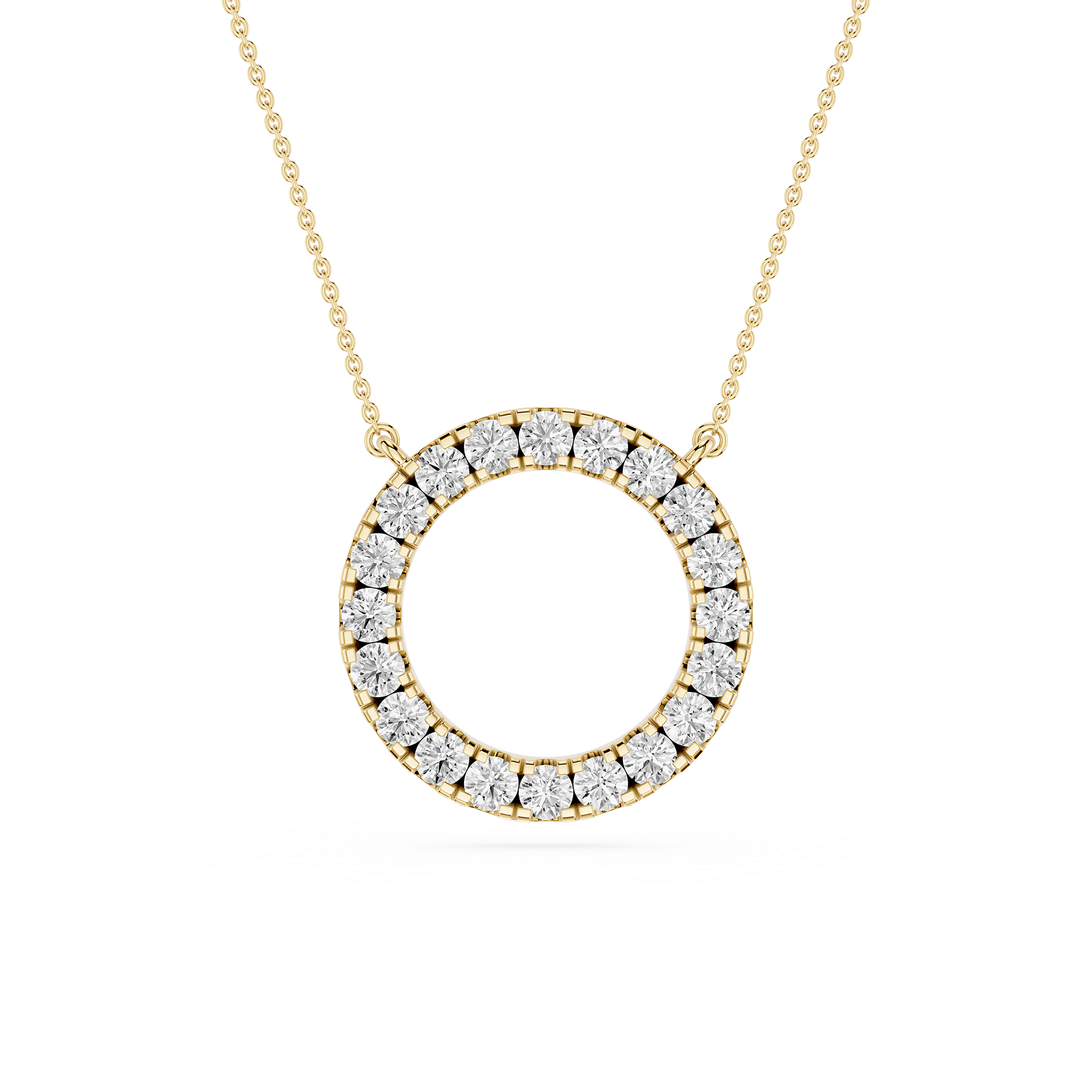 Gold necklace with a circular pendant featuring diamonds on a white background