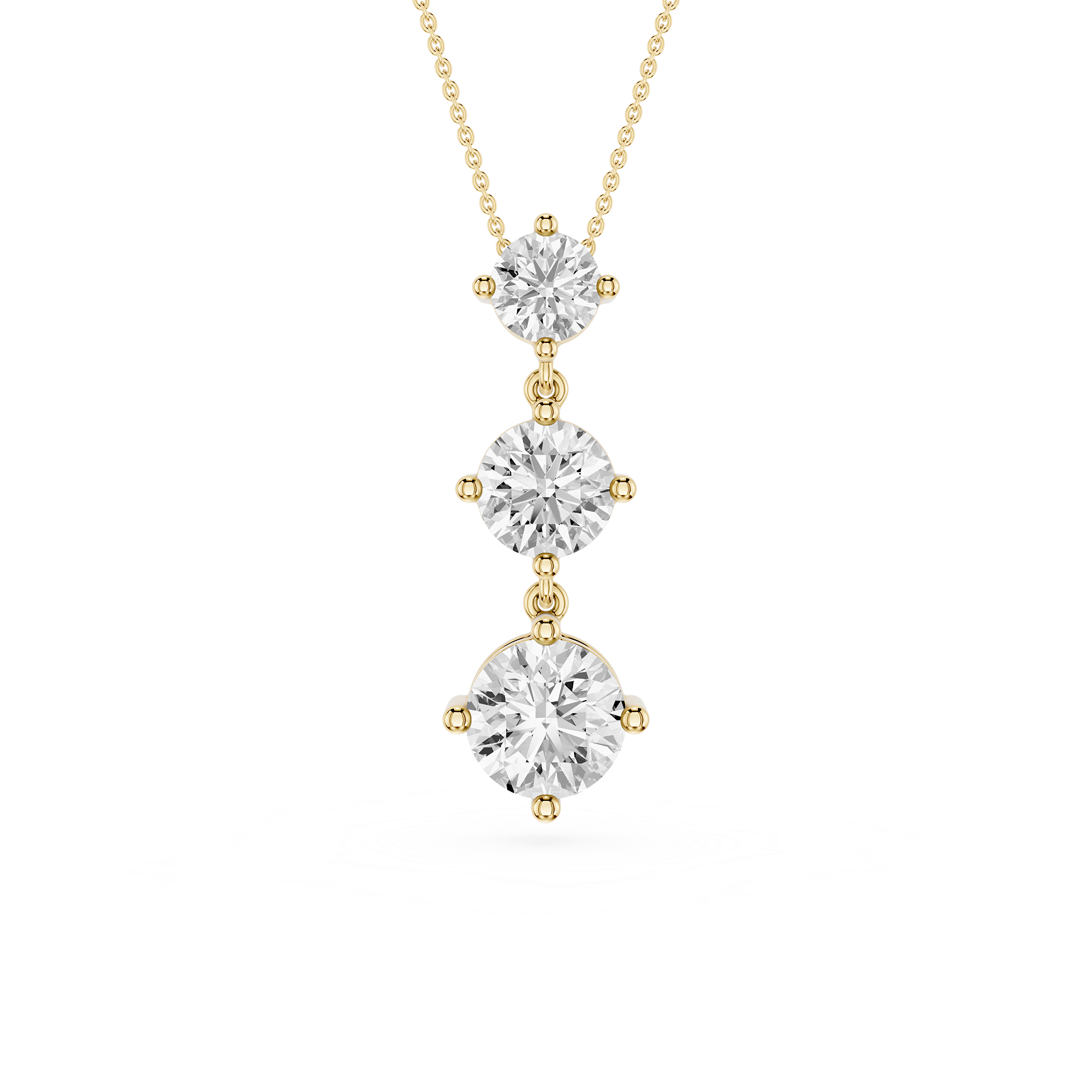 Three-tier diamond pendant on a gold chain against a white background