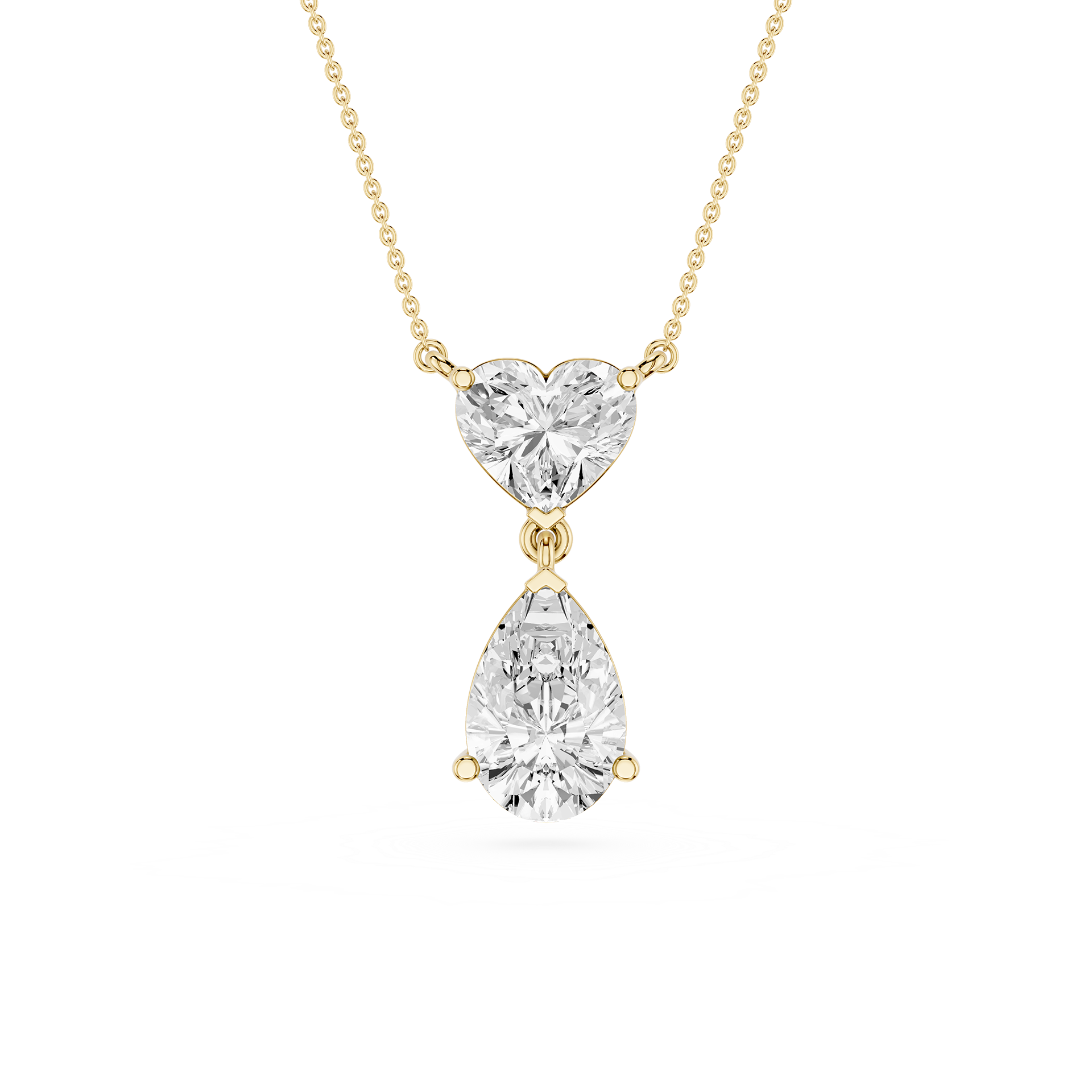 Diamond necklace with heart and teardrop pendants on a white background