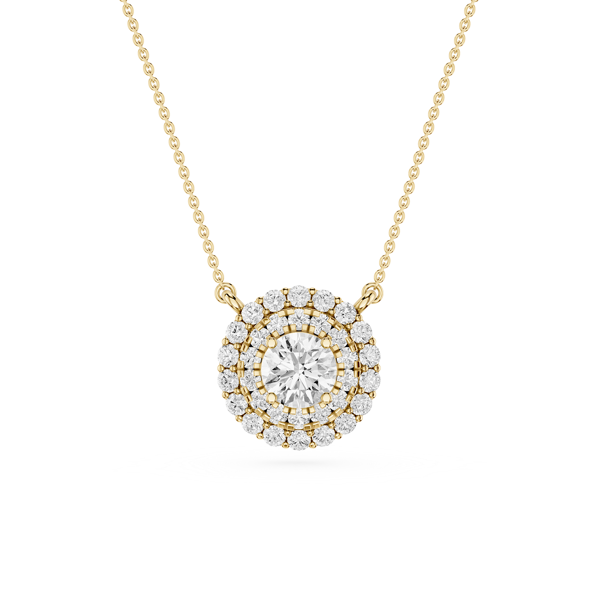 Gold necklace with a diamond pendant on a white background