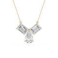 Diamond necklace with emerald-cut and pear-shaped stones on a white background