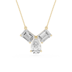 Diamond necklace with emerald-cut and pear-shaped stones on a white background
