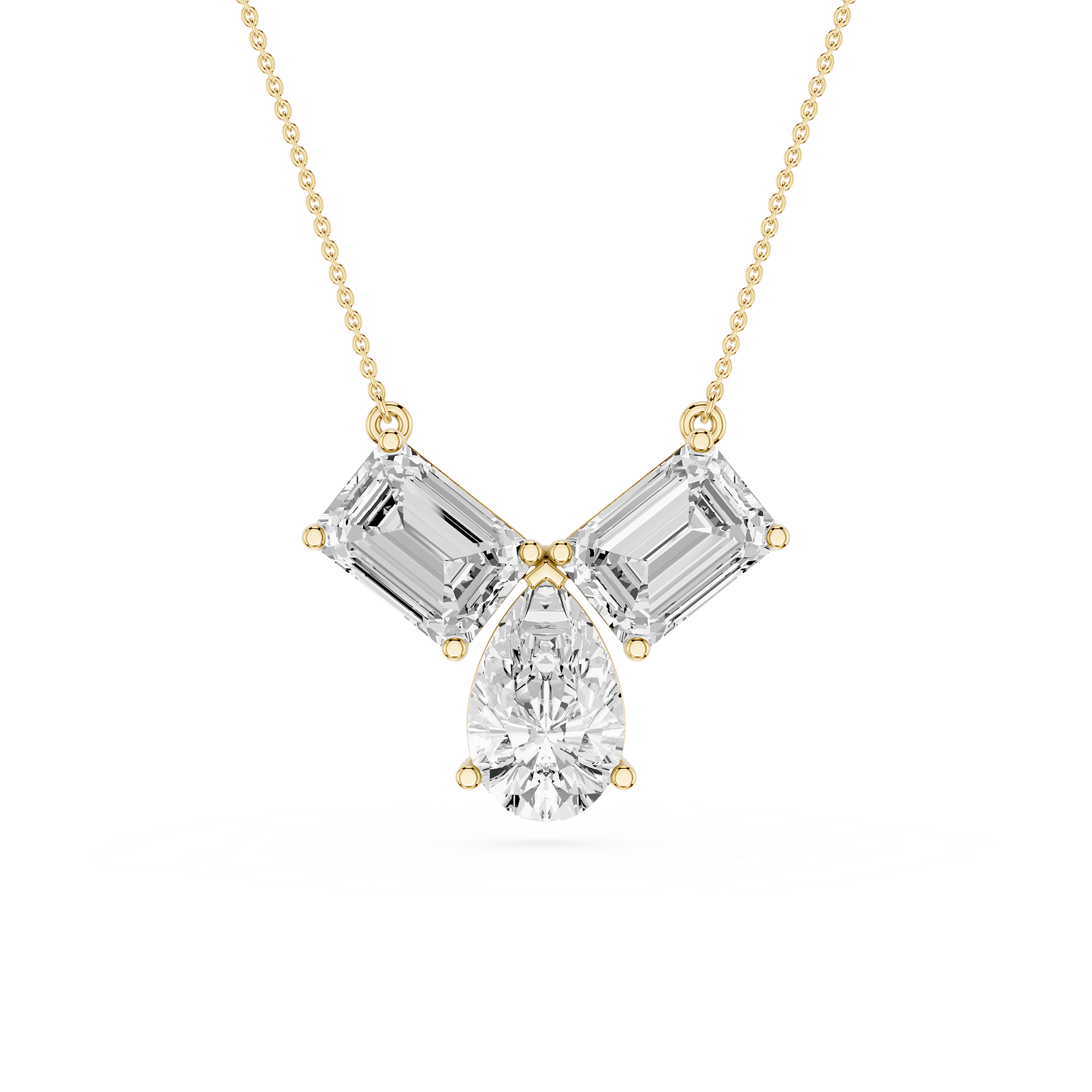Diamond necklace with emerald-cut and pear-shaped stones on a white background