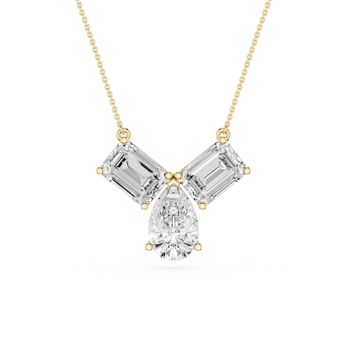 Diamond necklace with emerald-cut and pear-shaped stones on a white background