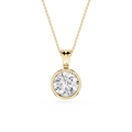 Gold necklace with a round diamond pendant on a white background