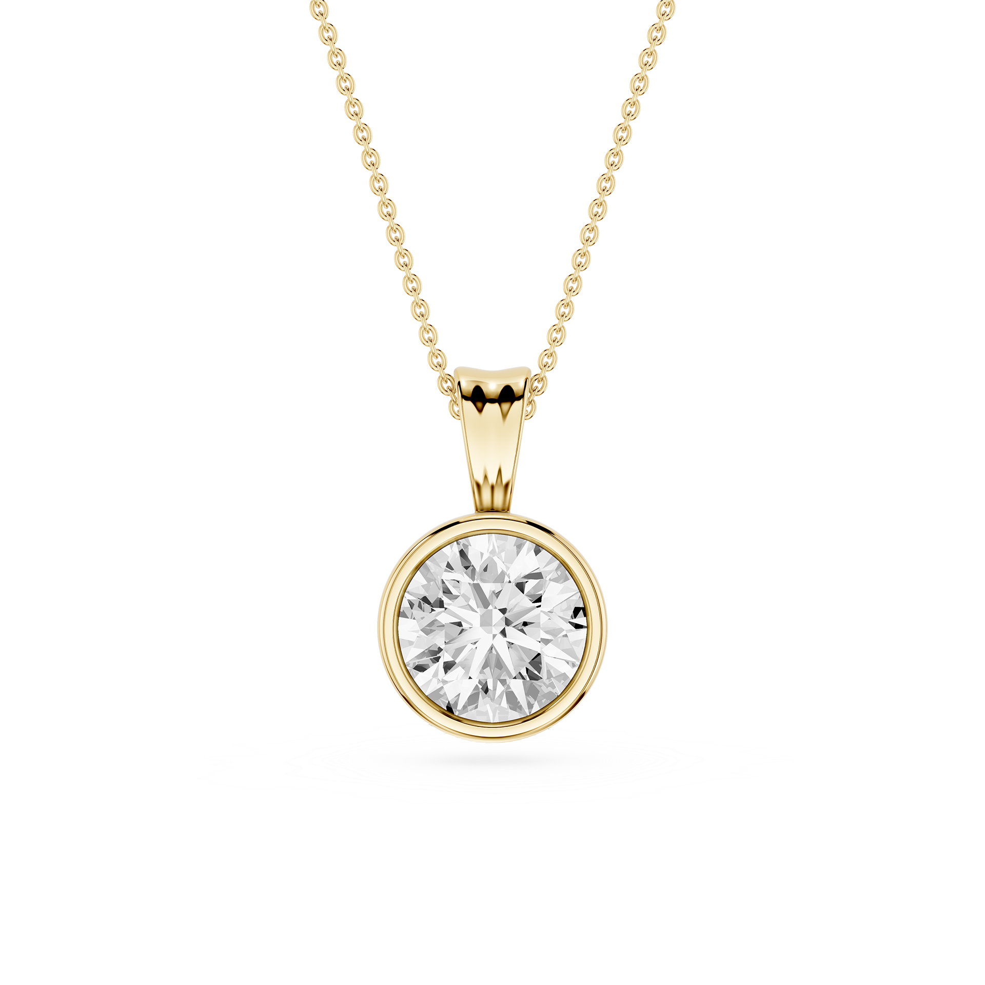 Gold necklace with a round diamond pendant on a white background