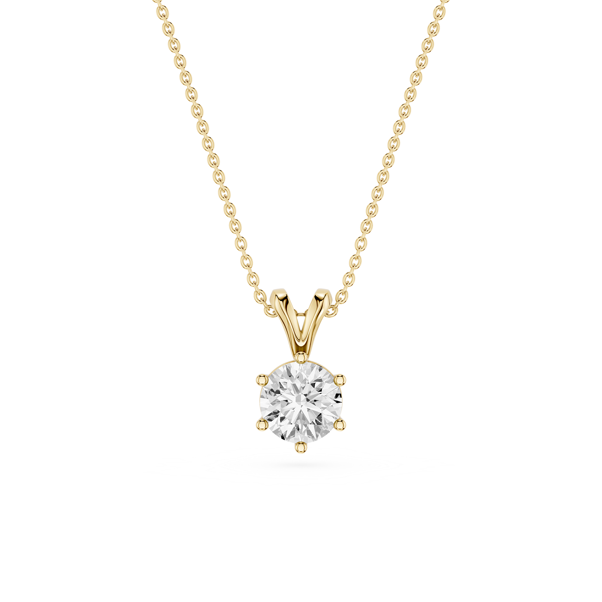 Gold necklace with a diamond pendant on a white background