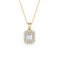 Gold pendant necklace with a diamond on a white background