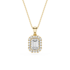 Gold pendant necklace with a diamond on a white background