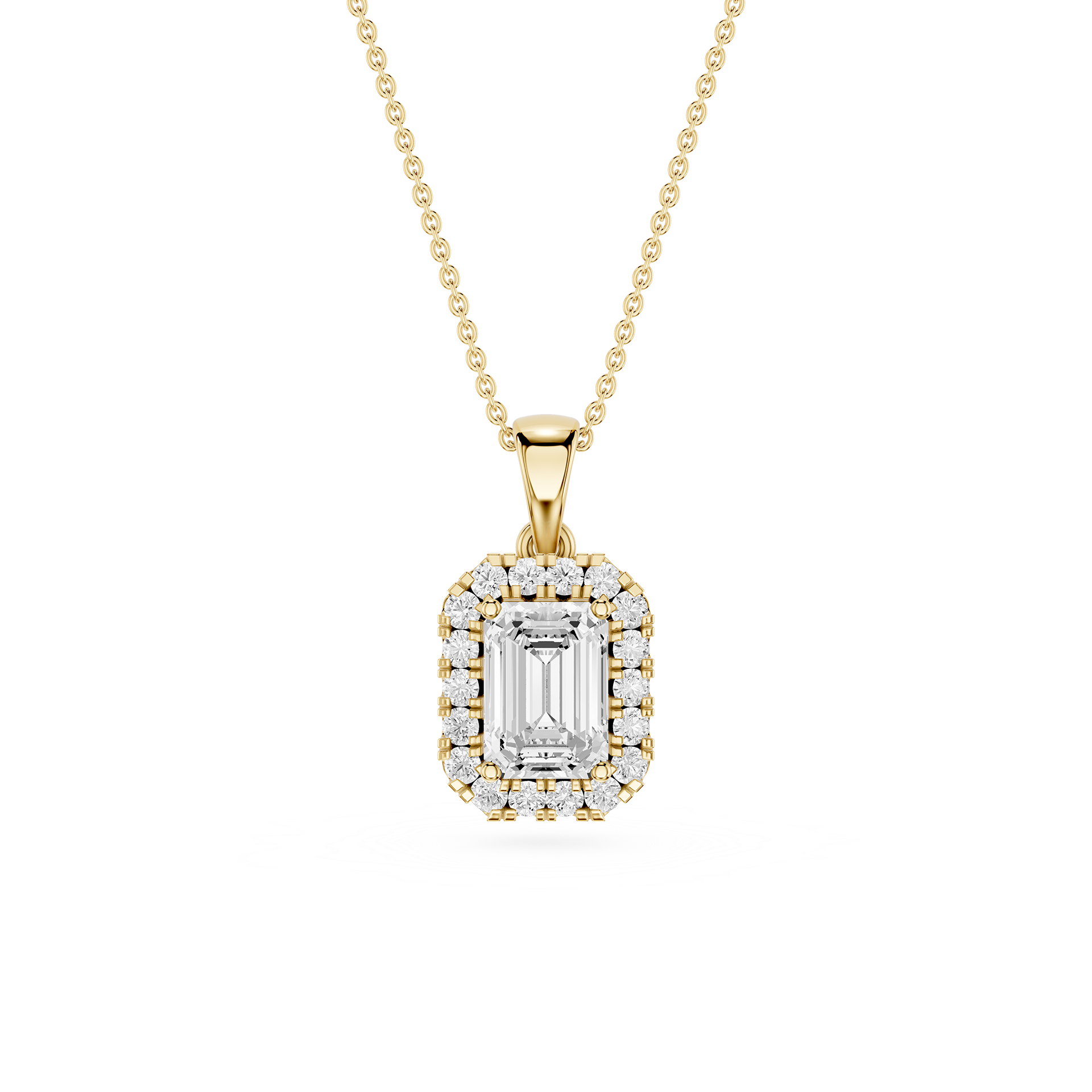 Gold pendant necklace with a diamond on a white background