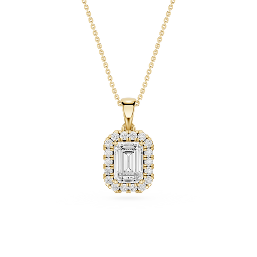 Gold pendant necklace with a diamond on a white background