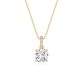 A yellow gold necklace with a round-cut clear gemstone pendant and a small diamond channel accent on the bail, shown against a plain white background.