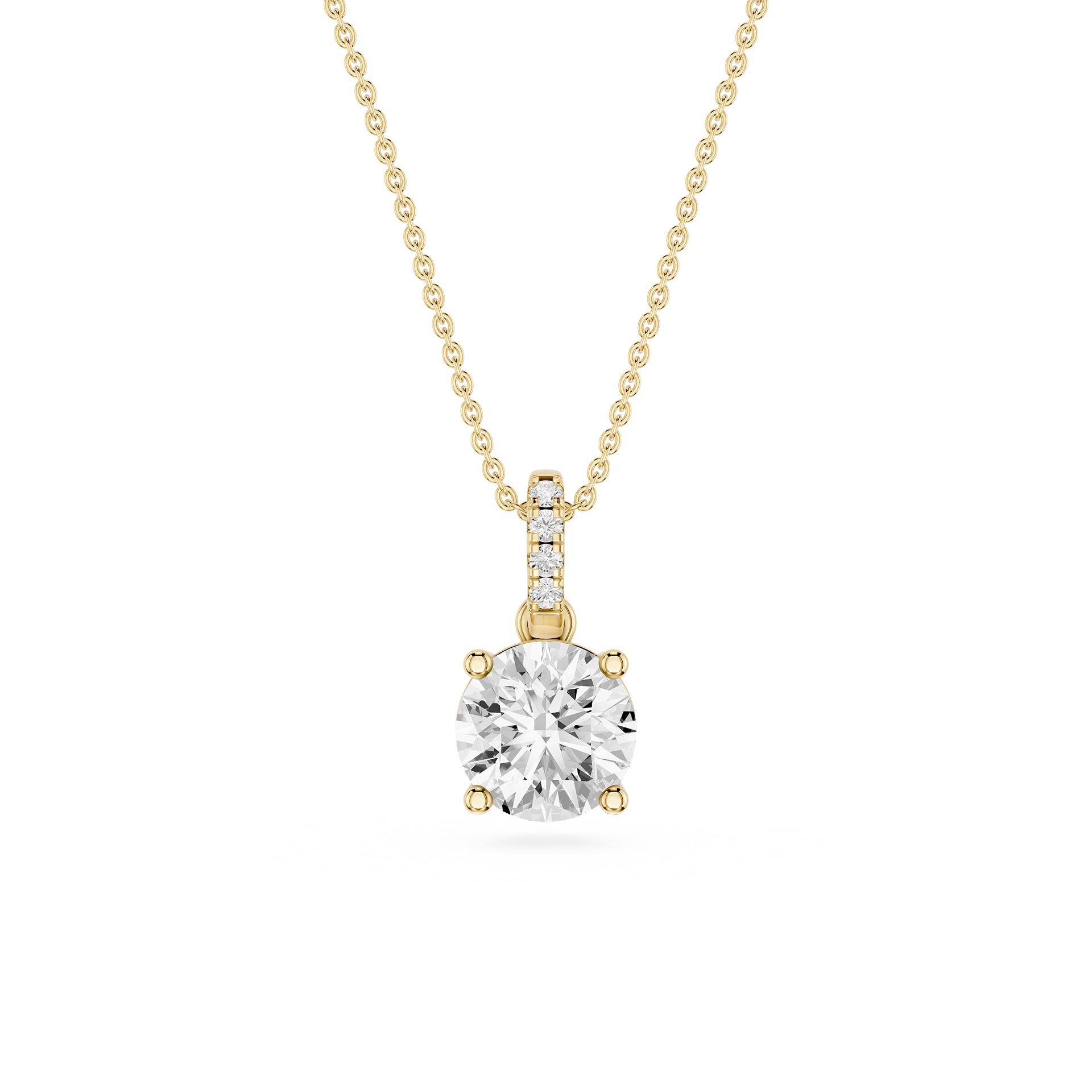 A yellow gold necklace with a round-cut clear gemstone pendant and a small diamond channel accent on the bail, shown against a plain white background.