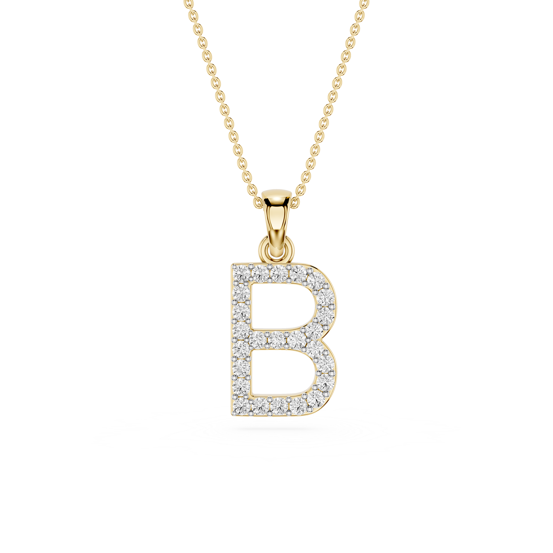 A gold initial pendant necklace featuring the letter 'B' paved with small clear stones, suspended from a delicate gold chain against a plain white background.