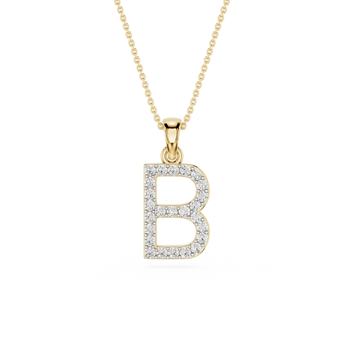 A gold initial pendant necklace featuring the letter 'B' paved with small clear stones, suspended from a delicate gold chain against a plain white background.