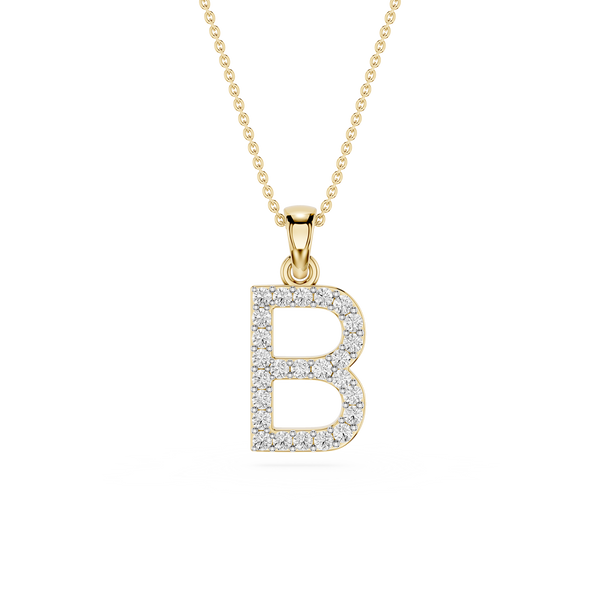 A gold initial pendant necklace featuring the letter 'B' paved with small clear stones, suspended from a delicate gold chain against a plain white background.