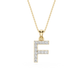 A gold initial pendant necklace featuring the letter 'F' paved with small clear stones, suspended from a delicate gold chain on a white background.