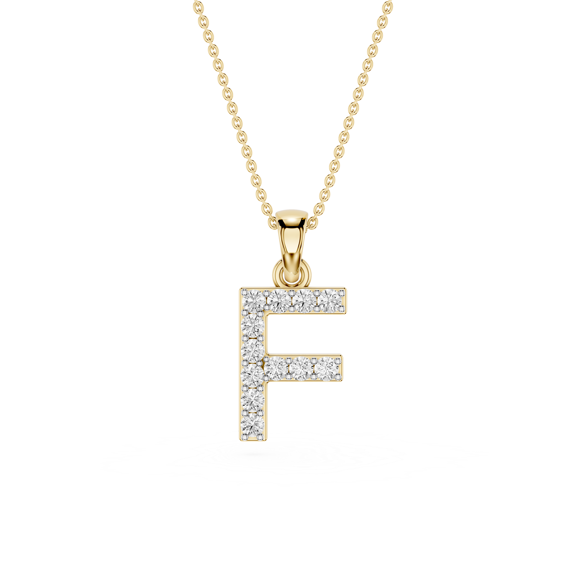 A gold initial pendant necklace featuring the letter 'F' paved with small clear stones, suspended from a delicate gold chain on a white background.
