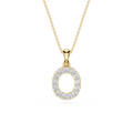 A gold initial pendant necklace featuring the letter 'O' encrusted with small clear stones, suspended from a delicate gold chain on a white background.