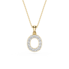 A gold initial pendant necklace featuring the letter 'O' encrusted with small clear stones, suspended from a delicate gold chain on a white background.