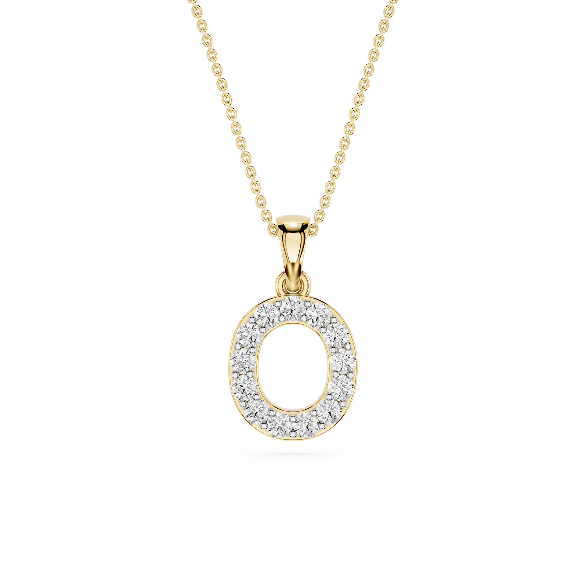 A gold initial pendant necklace featuring the letter 'O' encrusted with small clear stones, suspended from a delicate gold chain on a white background.
