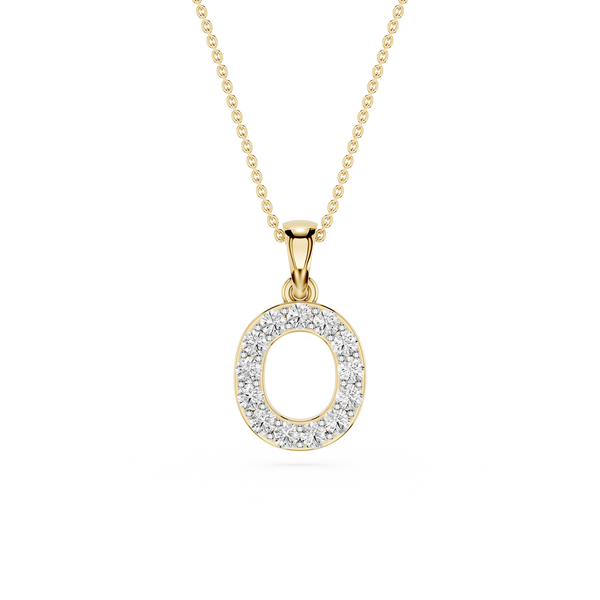 A gold initial pendant necklace featuring the letter 'O' encrusted with small clear stones, suspended from a delicate gold chain on a white background.
