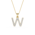 Gold necklace with a diamond-studded letter 'W' pendant on a white background