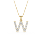 Gold necklace with a diamond-studded letter 'W' pendant on a white background