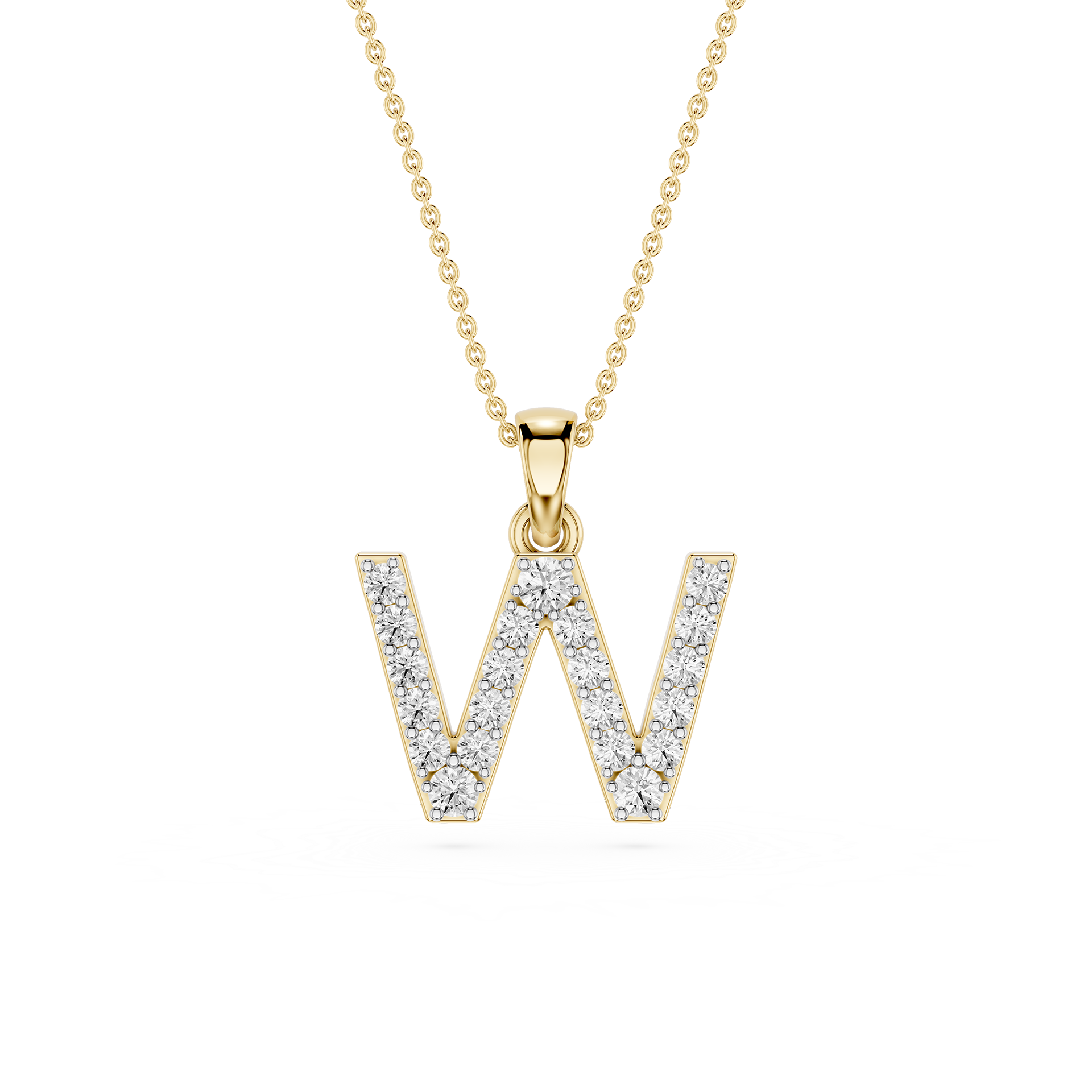 Gold necklace with a diamond-studded letter 'W' pendant on a white background