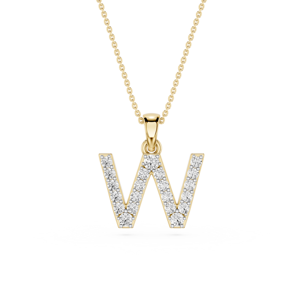 Gold necklace with a diamond-studded letter 'W' pendant on a white background