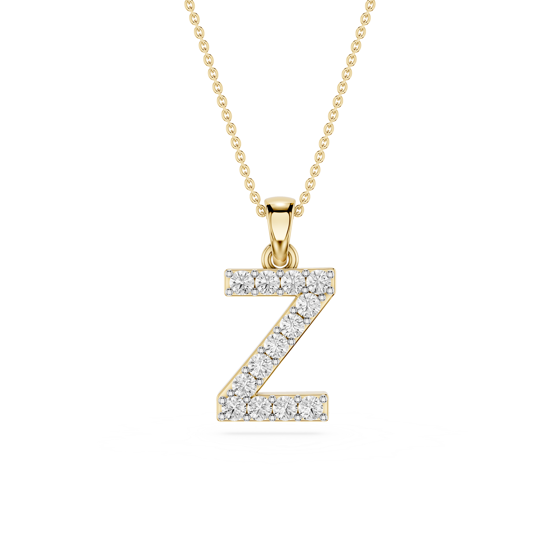 Gold necklace with a diamond-studded letter 'Z' pendant on a white background