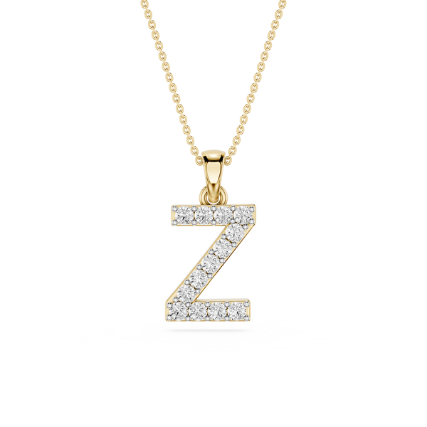 Gold necklace with a diamond-studded letter 'Z' pendant on a white background