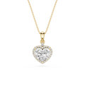 A yellow gold heart-shaped pendant necklace featuring a large clear heart-cut center stone surrounded by a halo of small round stones, suspended from a delicate gold chain against a plain white background.