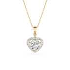 A yellow gold heart-shaped pendant necklace featuring a large clear heart-cut center stone surrounded by a halo of small round stones, suspended from a delicate gold chain against a plain white background.