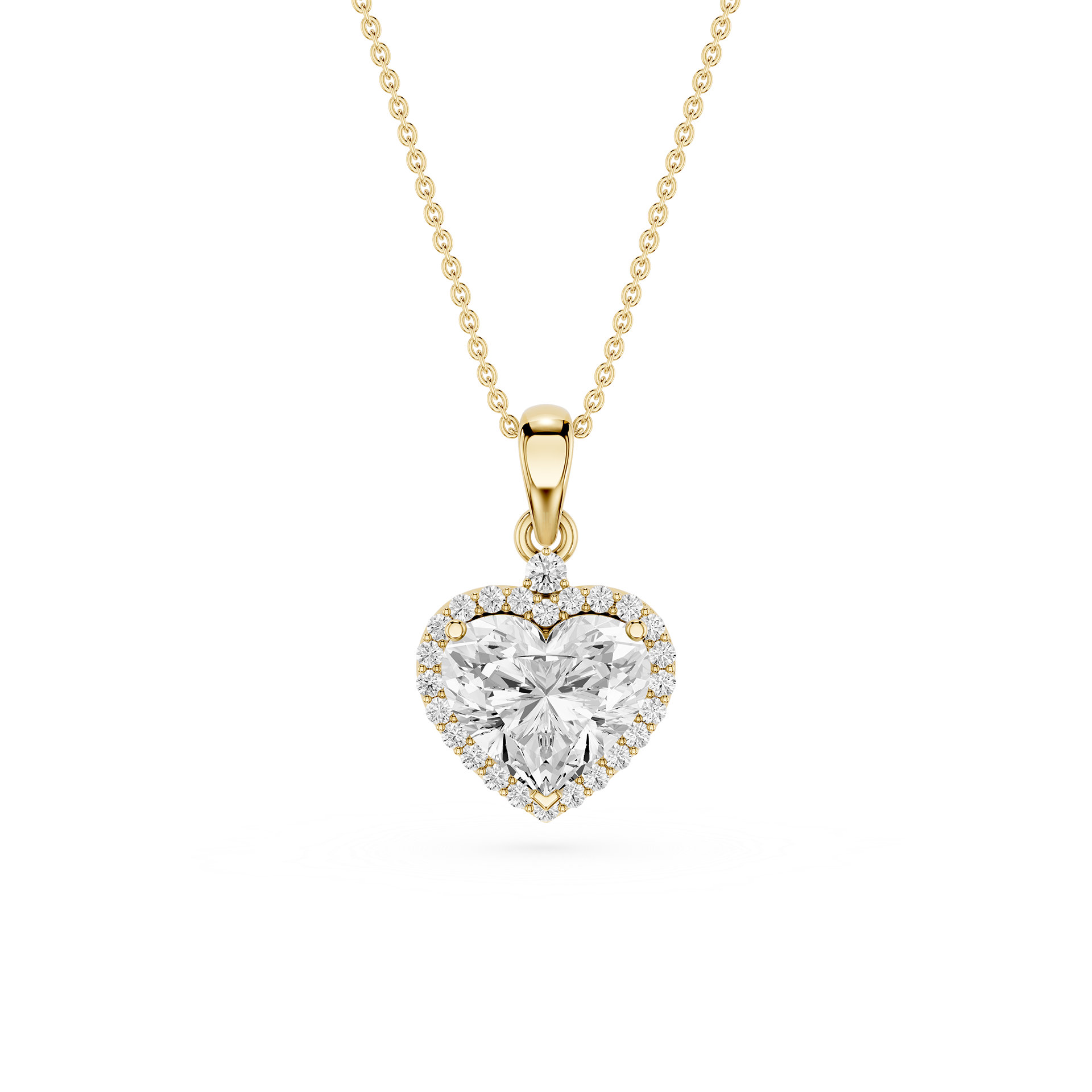 A yellow gold heart-shaped pendant necklace featuring a large clear heart-cut center stone surrounded by a halo of small round stones, suspended from a delicate gold chain against a plain white background.