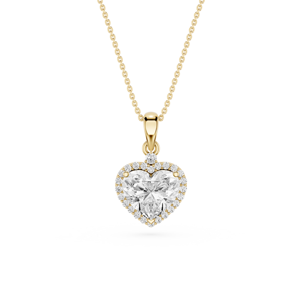 A yellow gold heart-shaped pendant necklace featuring a large clear heart-cut center stone surrounded by a halo of small round stones, suspended from a delicate gold chain against a plain white background.