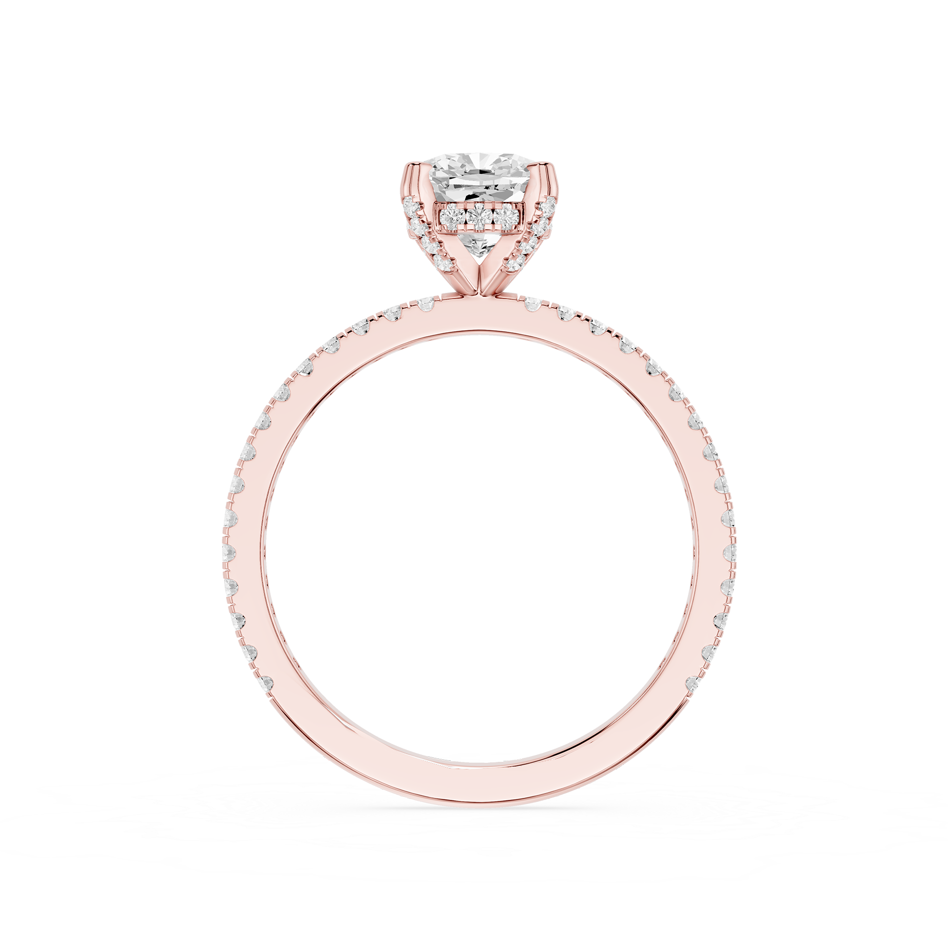 Rose gold ring with diamond accents on a white background