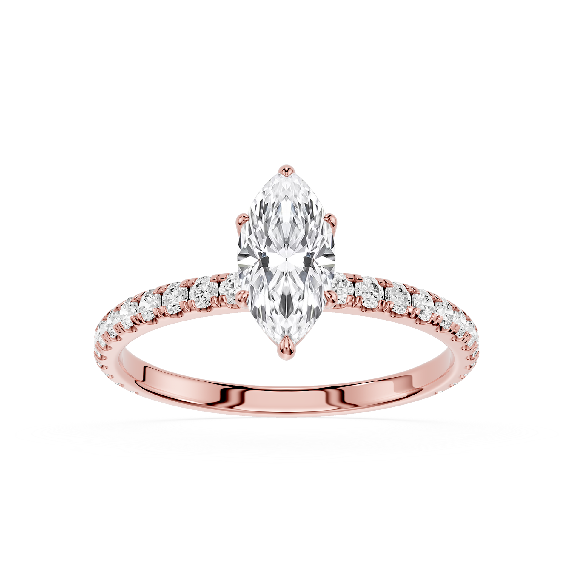 Gold ring with a Marquise -shaped diamond and smaller diamonds on a white background