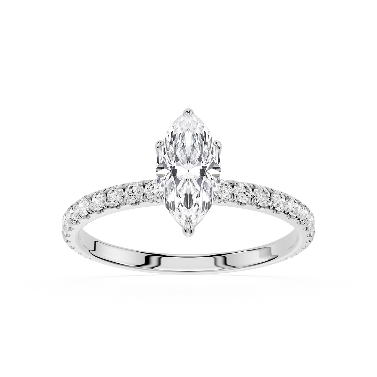 14kt white gold marquise diamond pavé setting ring with a round accent stone.