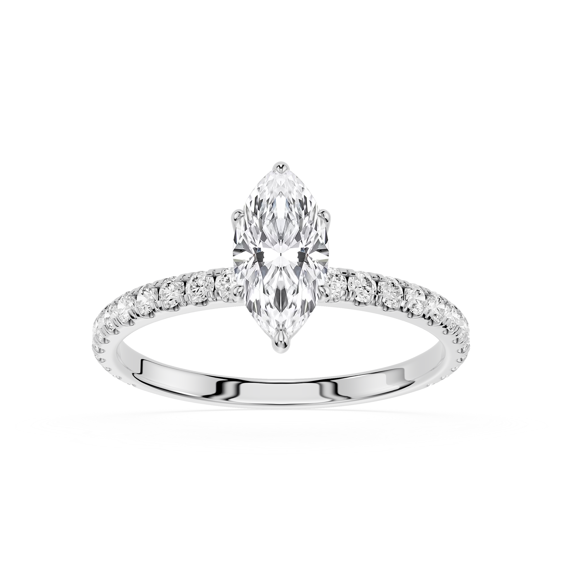 Diamond ring with a marquise-shaped center stone on a white background