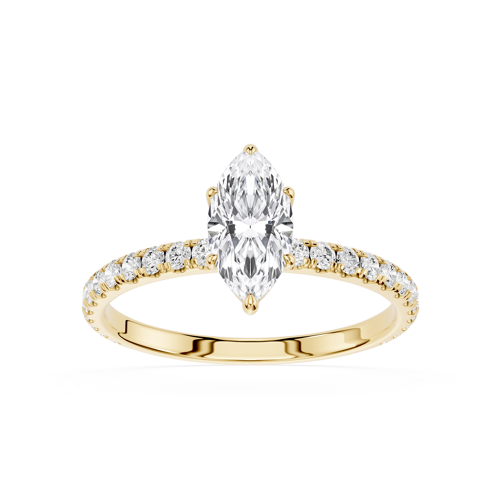 Gold ring with a marquise shaped diamond and smaller diamonds on a white background