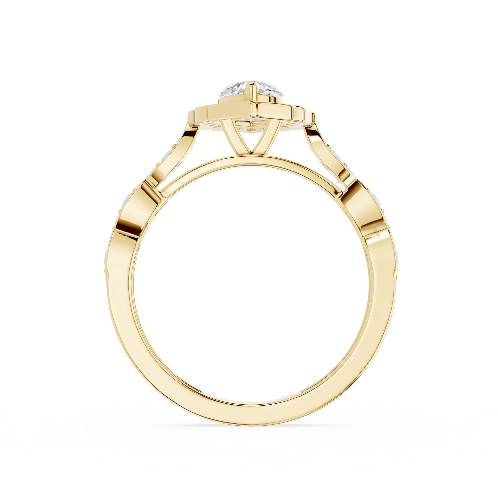Gold ring with a diamond on a white background