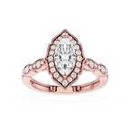 Rose gold ring with a pear-shaped diamond and smaller diamonds on a white background