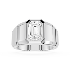 Silver ring with a large diamond on a white background