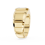 Gold ring with geometric design on a white background