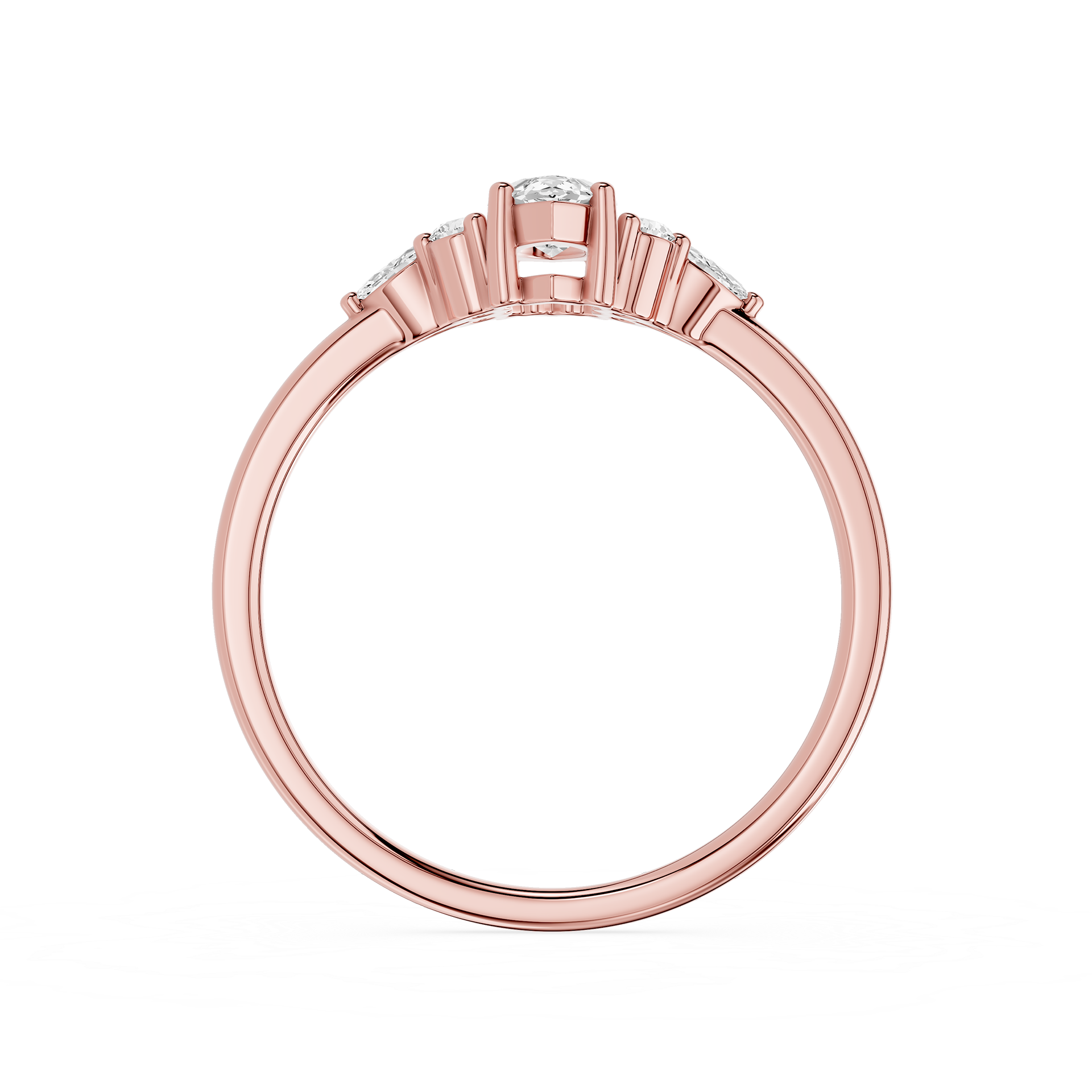Rose gold ring with diamonds on a white background