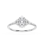 Diamond ring with a central marquise-shaped diamond and smaller diamonds on a white background