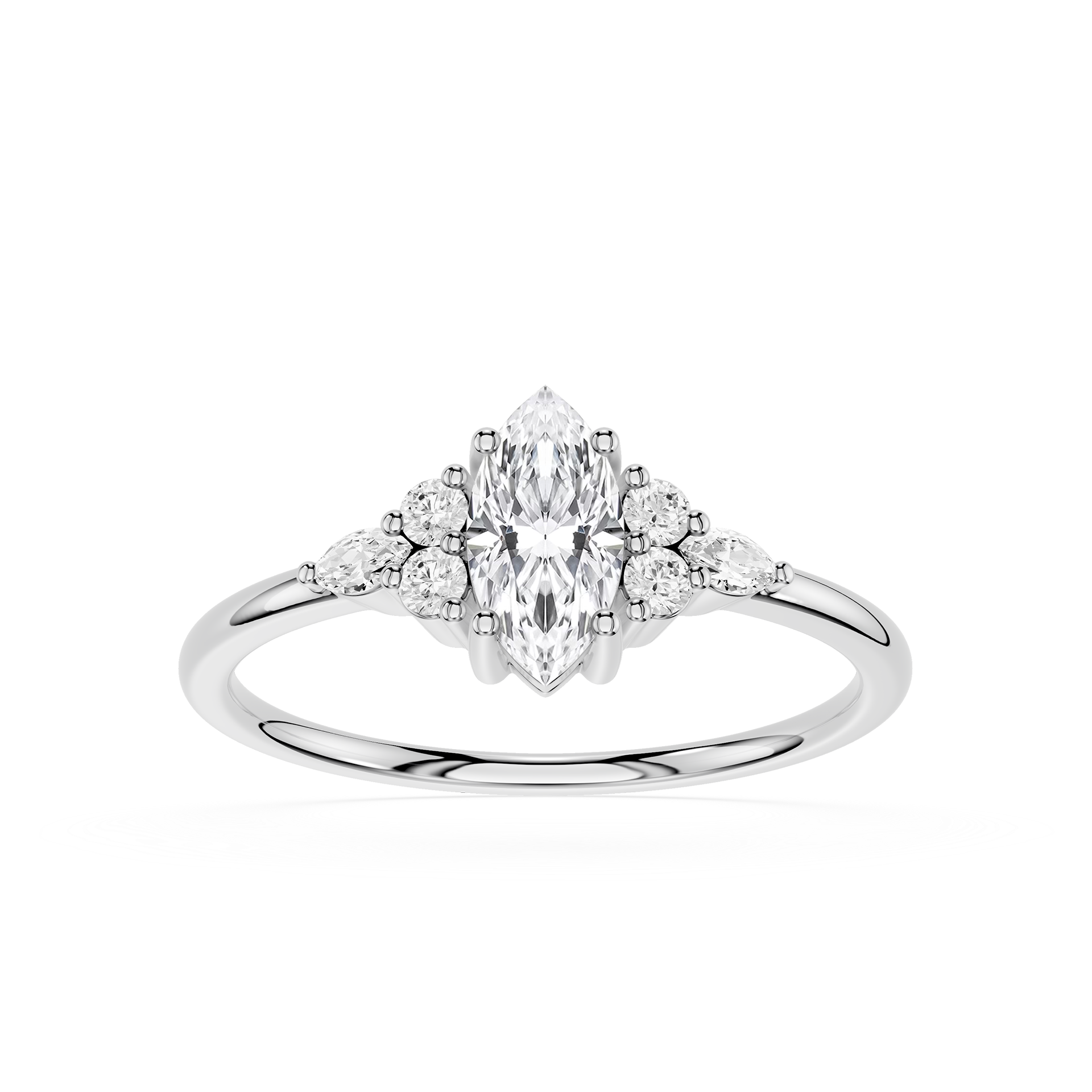Diamond ring with a central marquise-shaped diamond and smaller diamonds on a white background