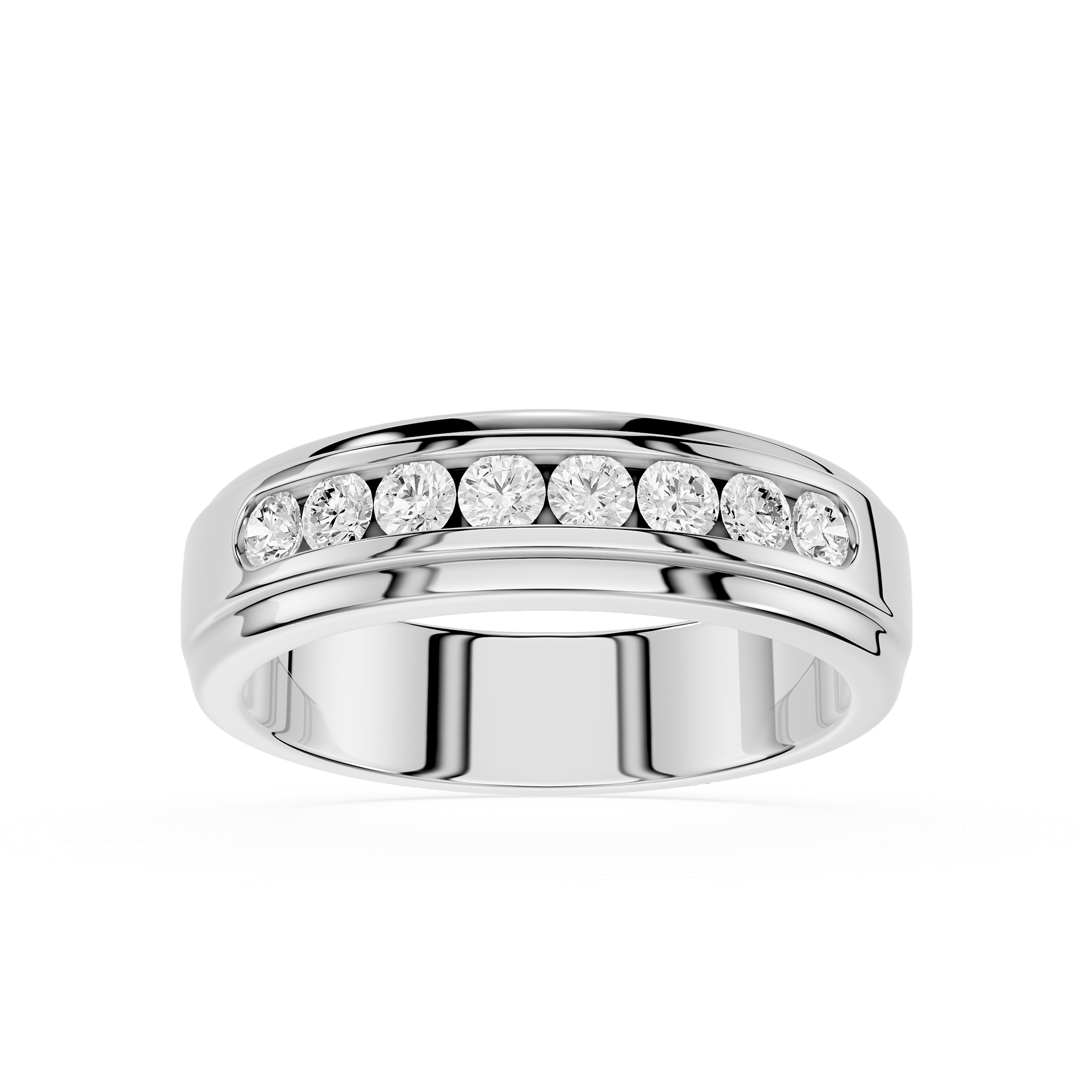 Silver ring with embedded diamonds on a white background