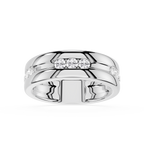 Silver ring with embedded diamonds on a white background